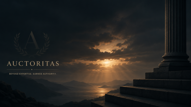 The Auctoritas Method™ hero image representing premium executive coaching for international professionals moving beyond expertise to authentic leadership and earned authority.